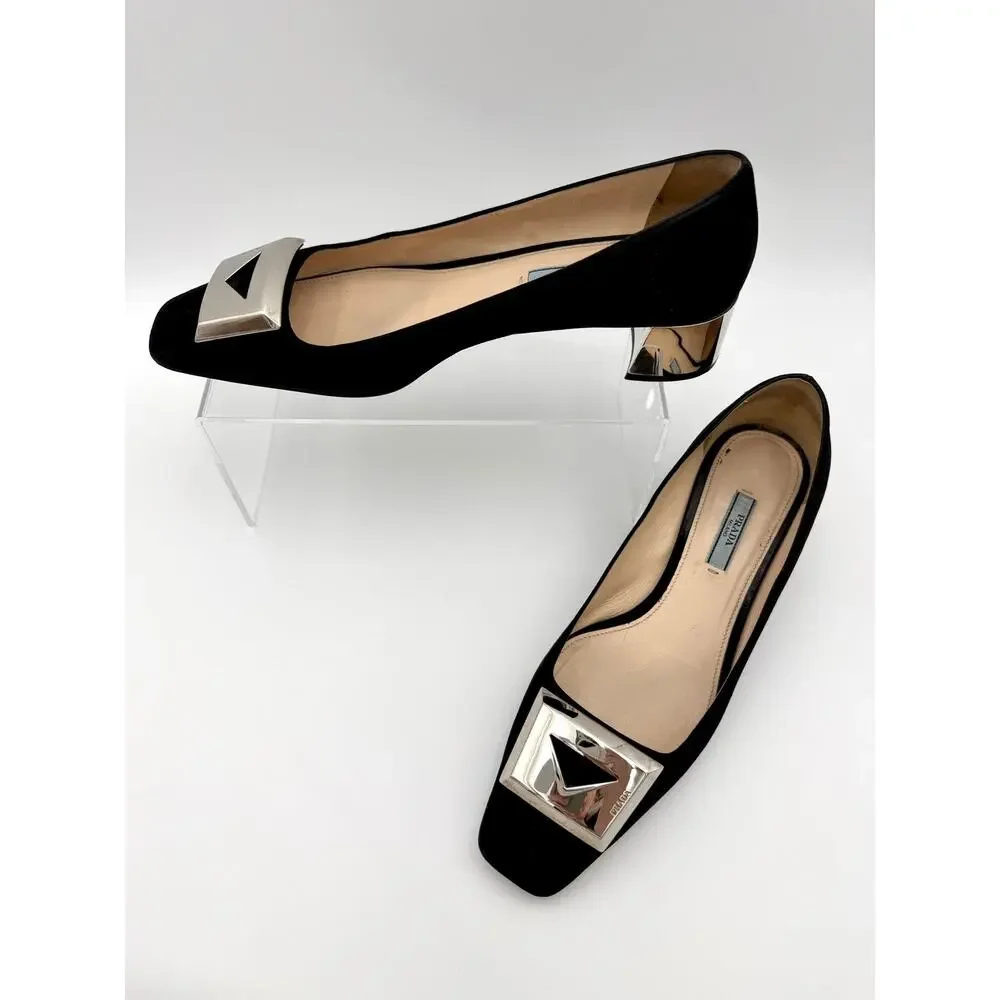 Prada Square Toe Pumps Black Suede Size 39.5 / 9.5 Metal Buckle Logo